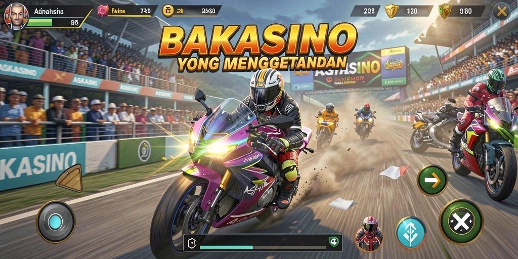 Screenshot utama gameplay ASKASINO yang penuh aksi balapan motor.