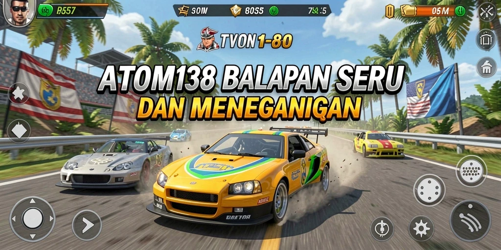 Gameplay ATOM138 menampilkan mobil-mobil balap di lintasan yang menegangkan.