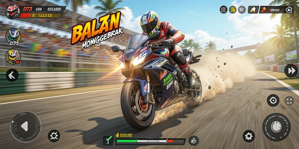 Screenshot D73 menampilkan aksi balapan motor yang mendebarkan di trek.