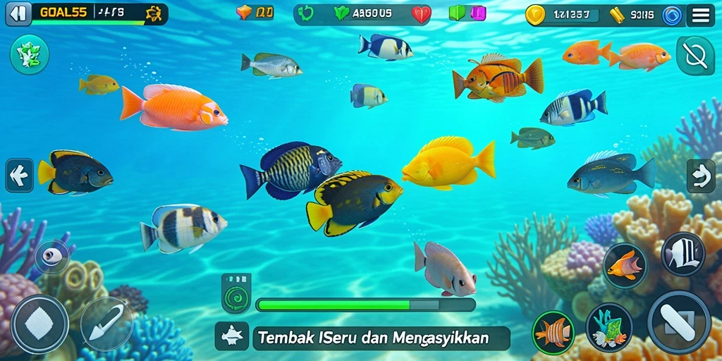 Tampilan gameplay seru dari GOAL55 dengan menembak ikan.