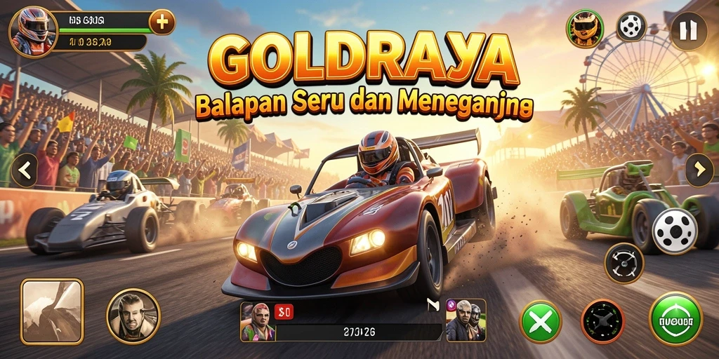 Tampilan gameplay balapan di GOLDRAJA yang mendebarkan.