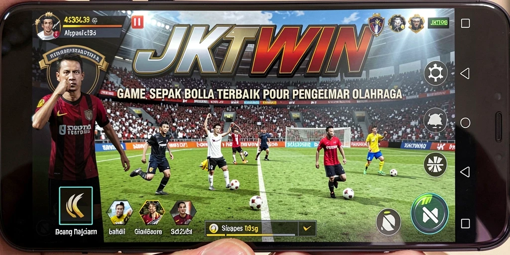 Screenshot utama JKTWIN menampilkan aksi menegangkan dalam permainan sepak bola.
