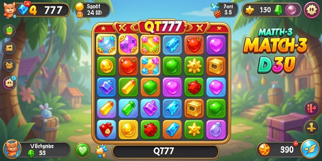 Screenshot menampilkan gameplay seru QT777 dengan level Match-3 yang menantang.