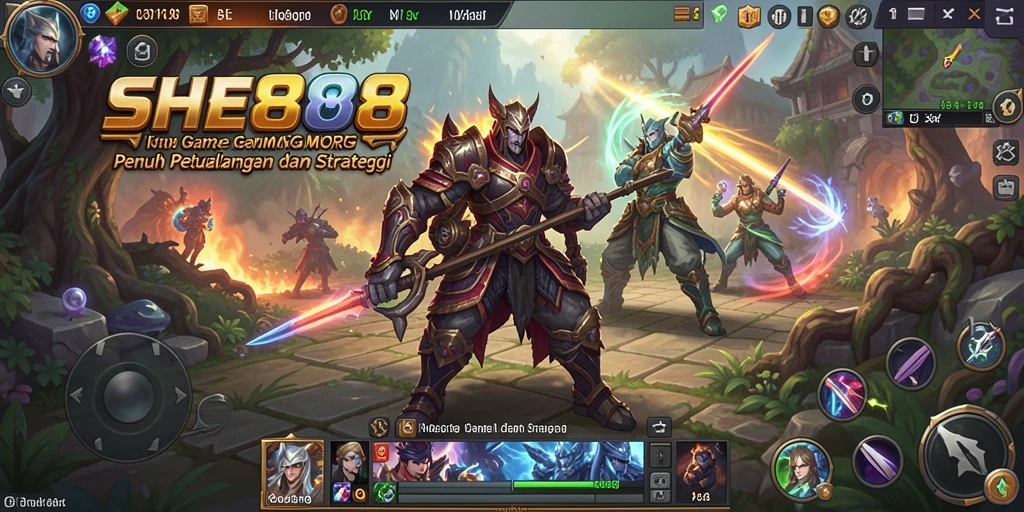 Tangkapan layar gameplay SHE888 menampilkan pertarungan seru di dunia MMORPG.