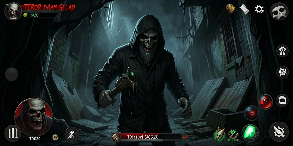 Screenshot gameplay TOTO20 menunjukkan suasana menakutkan dan misterius.